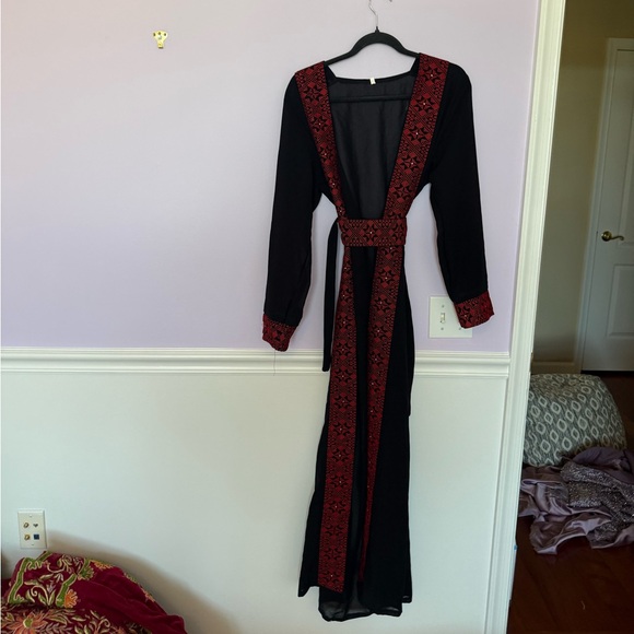 Dresses & Skirts - Black Maxi Cardigan Palestinian with Red Embroidered Trim